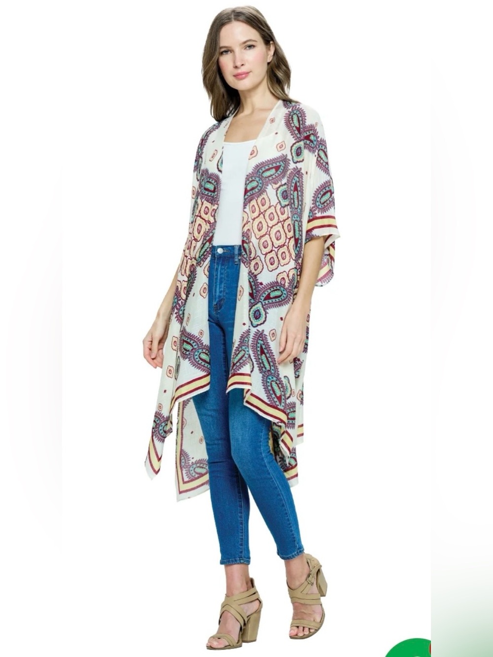Yak and Yeti Boho Paisley Cream & Teal Open Front Kimono